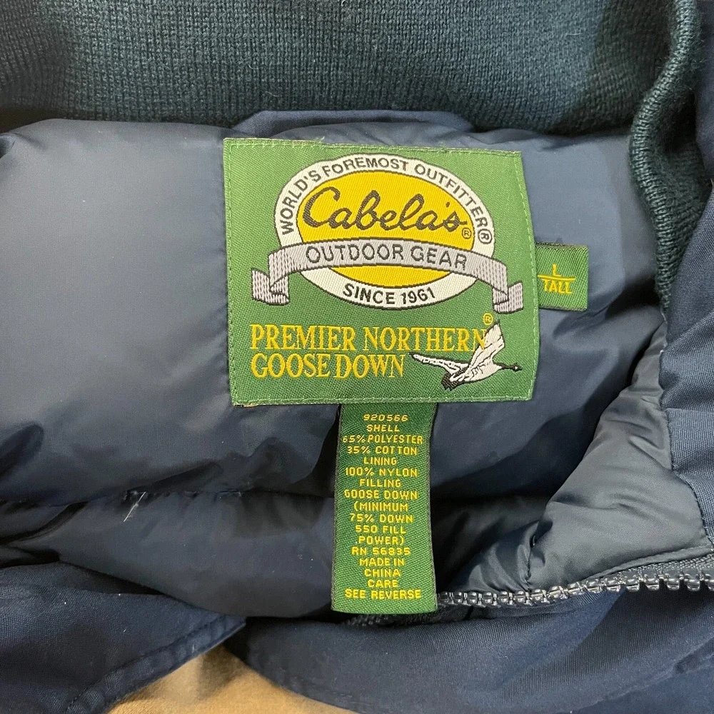 Cabela's Vest Mens Large Tall Blue Northern Goose Down Puffer Snap Zip‎ Pockets